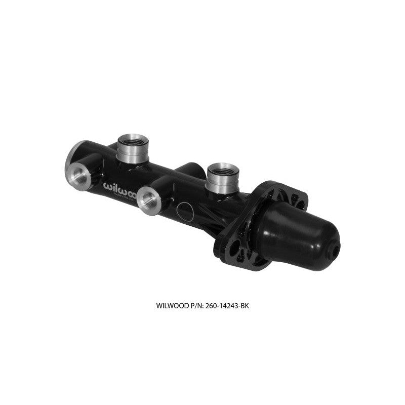 Black e-coat Wilwood Tandem Remote Master Cylinder with 1 inch bore and dual side outlet ports.