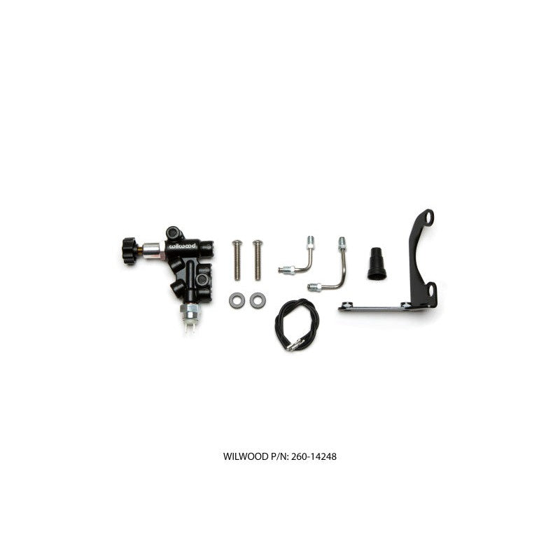 Wilwood 260-14248 L/H mounting bracket kit with proportioning valve and pre-bent stainless steel brake lines.