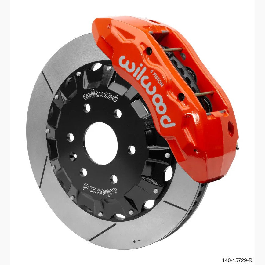 Wilwood TX6R Tactical Xtreme front brake kit featuring red 6-piston calipers and 16-inch directional vane rotors.