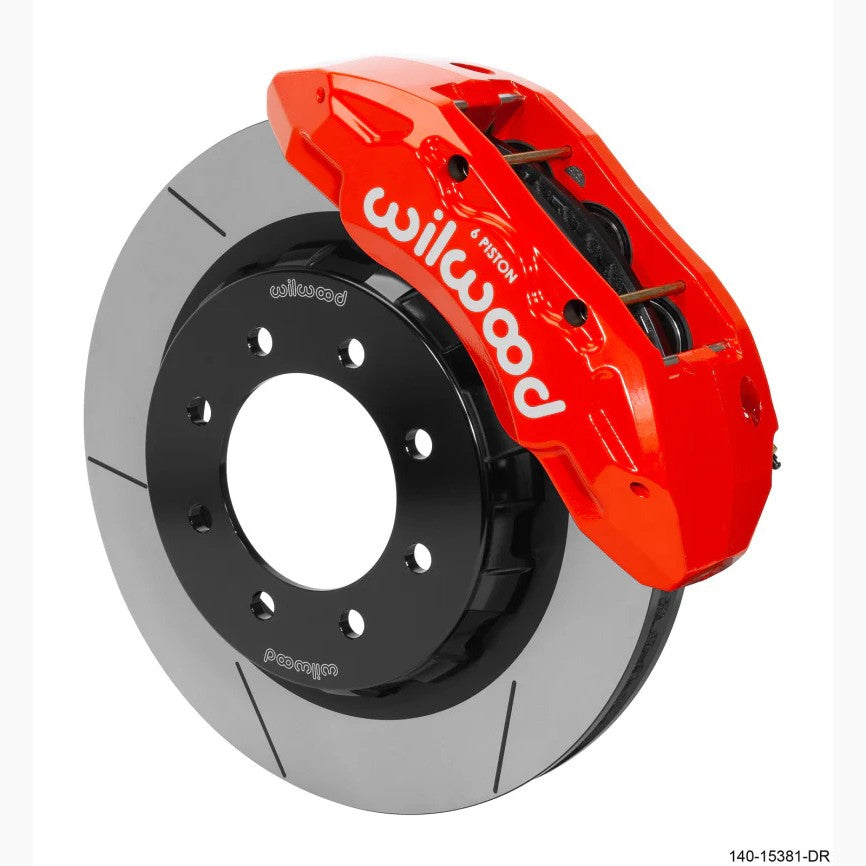 Wilwood TX6R 6-piston red calipers with 16.00-inch rotors and stainless steel braided brake lines.