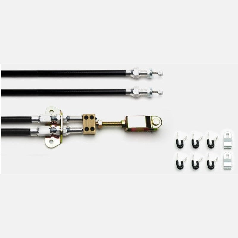 Wilwood 330-9371 universal parking brake cable kit with 110-inch cables, equalizer assembly, and MC4 clevis hardware.