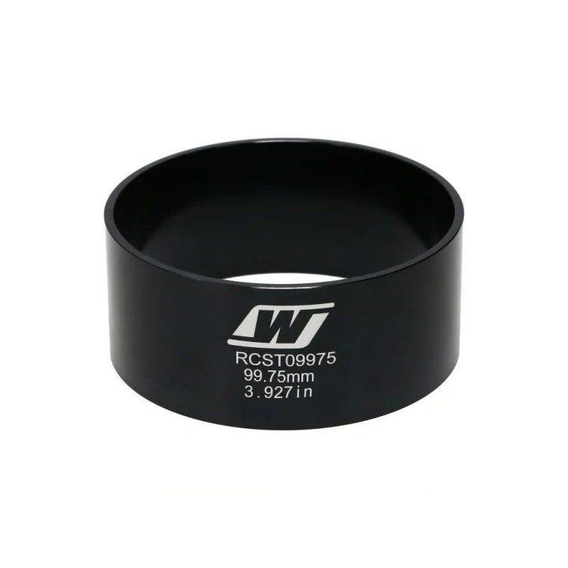 Wiseco black hard-anodized 99.75mm tapered piston ring compressor sleeve with laser-marked sizing.