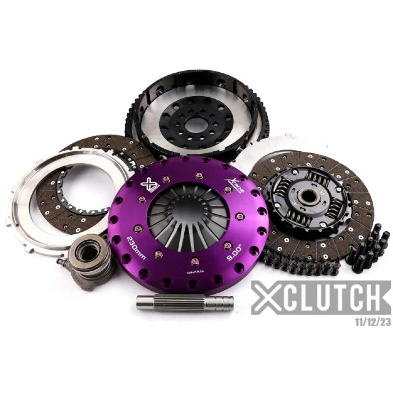 XClutch 9-inch twin-disc clutch kit with sprung organic friction discs, alloy hat, and lightweight flywheel.