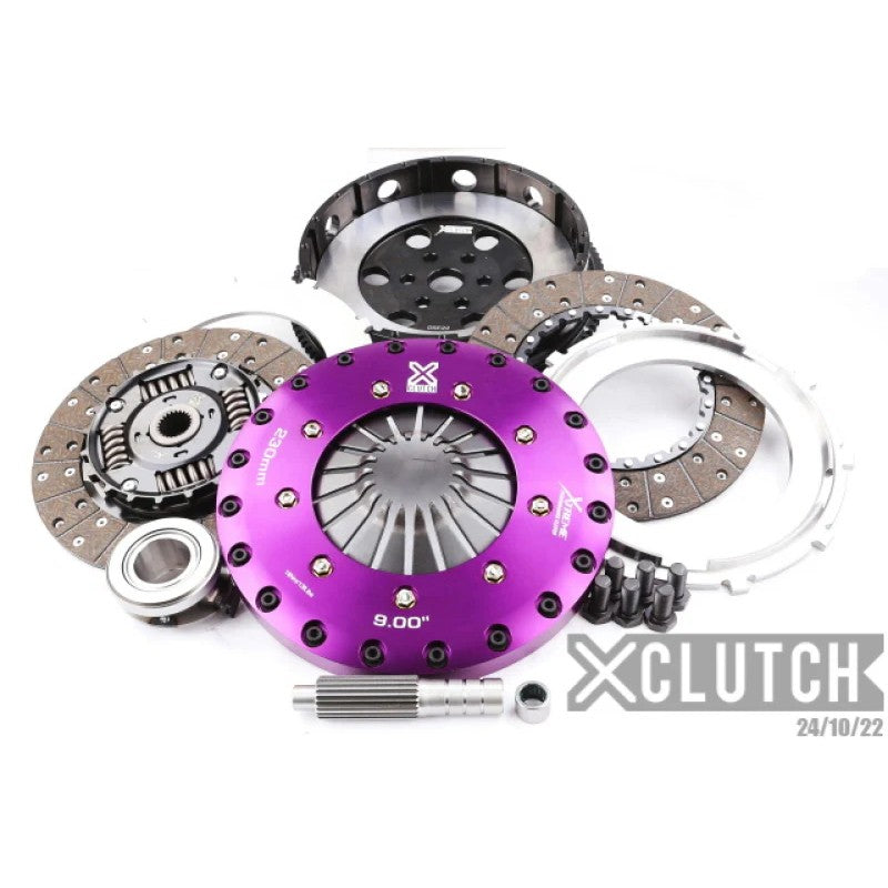 XClutch twin-disc sprung organic clutch kit including lightweight alloy hat, flywheel, and release bearing.