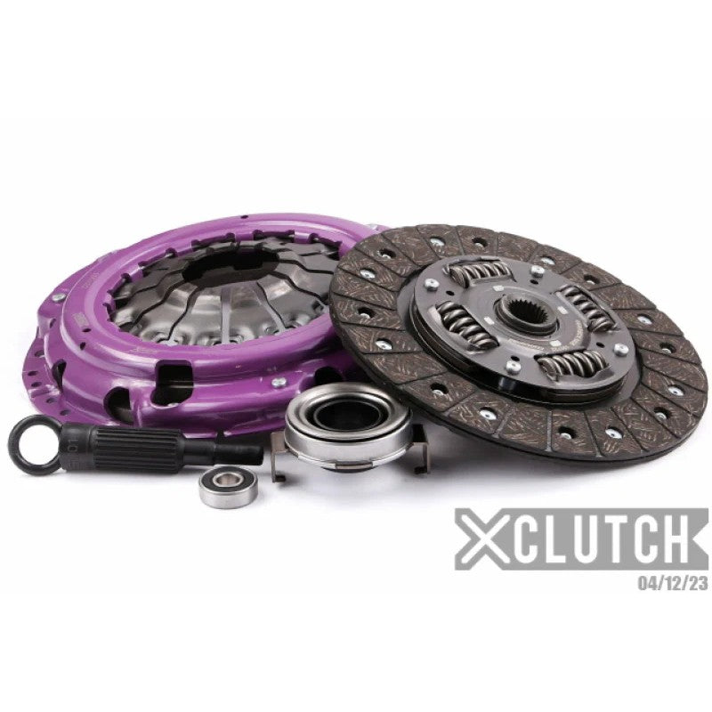 XClutch Stage 1 sprung organic clutch disc, heavy duty pressure plate, release bearing, pilot bearing, and alignment tool.