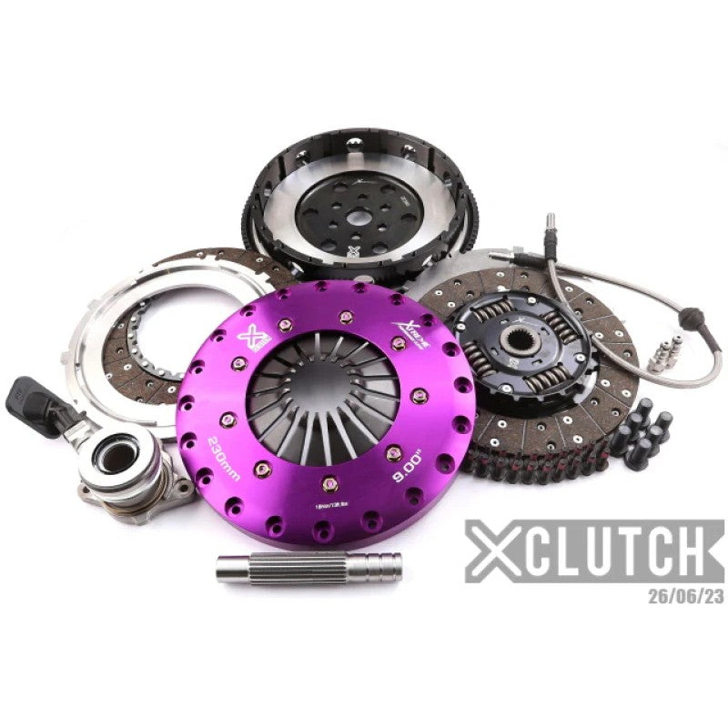 XClutch 9-inch twin-disc sprung organic clutch kit with flywheel, pressure plate, and hydraulic release bearing.