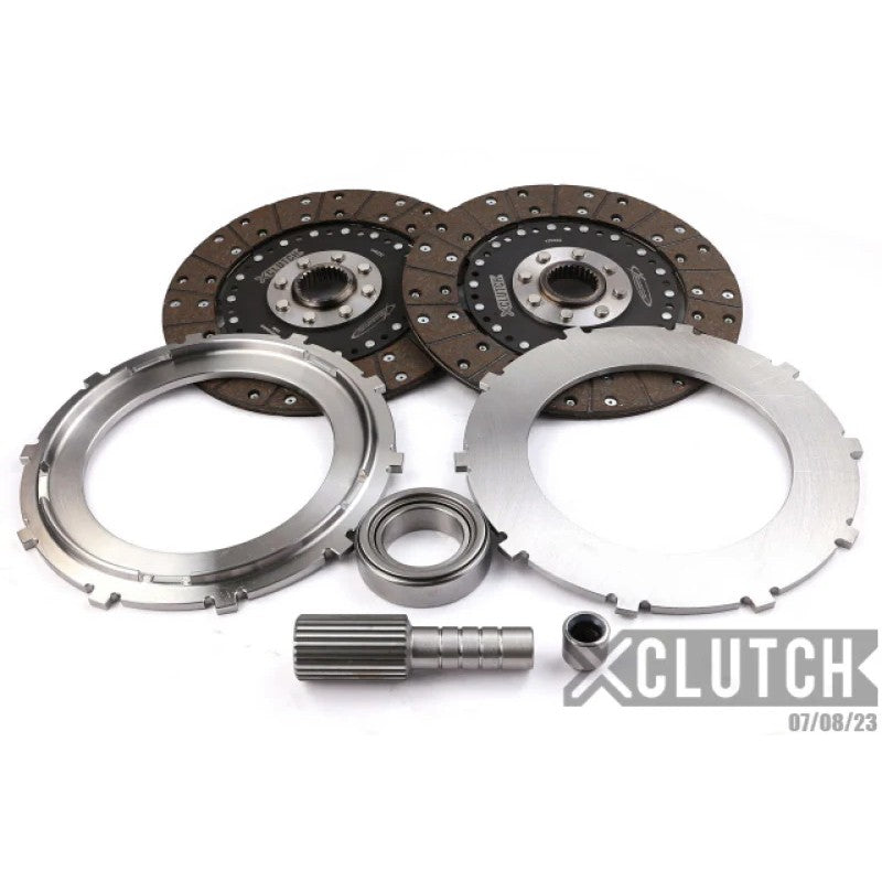 XClutch 9-inch twin solid organic multi-disc clutch service kit including friction discs, pressure plate, and bearings.
