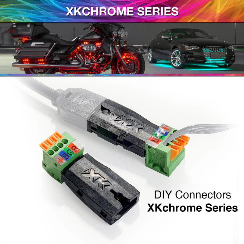 XK Glow 4-pin DIY male and female connectors for custom RGB LED wiring and harness repairs.