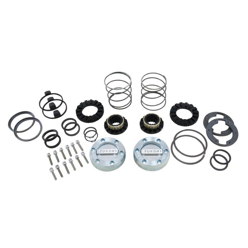 Yukon Gear Hardcore all-steel 19-spline locking hub set with low-profile manual dials for Dana 44 and GM 8.5 axles.