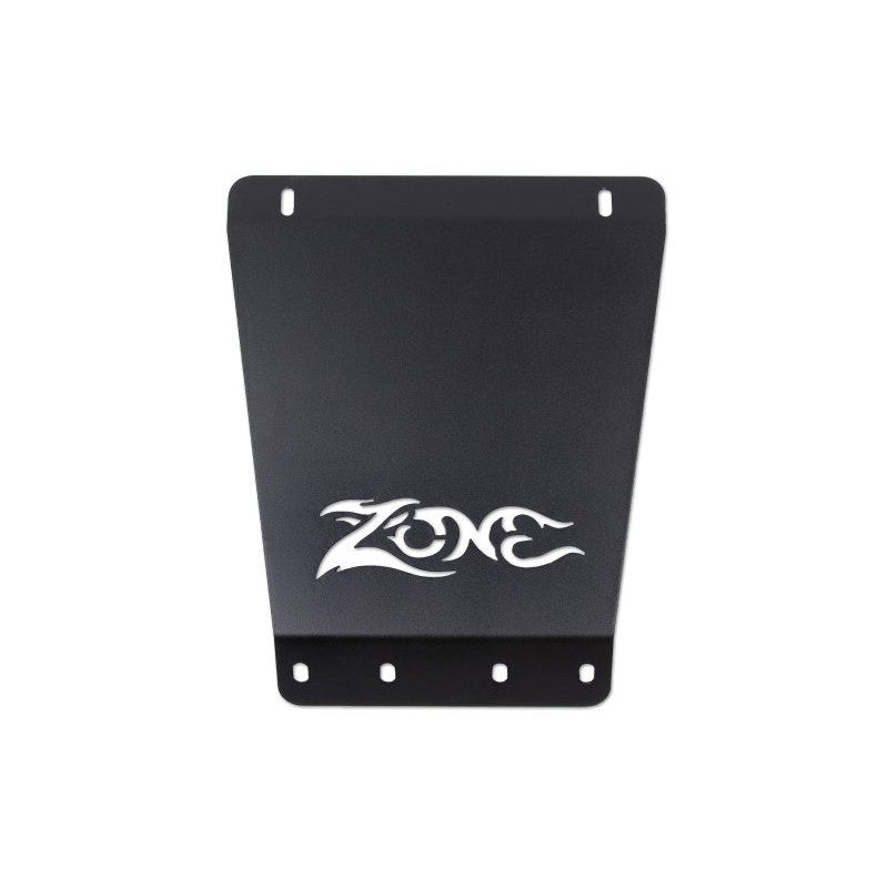 Textured black 10-gauge steel front skid plate with laser-cut Zone logo for 2007-2017 Chevy Silverado and GMC Sierra.