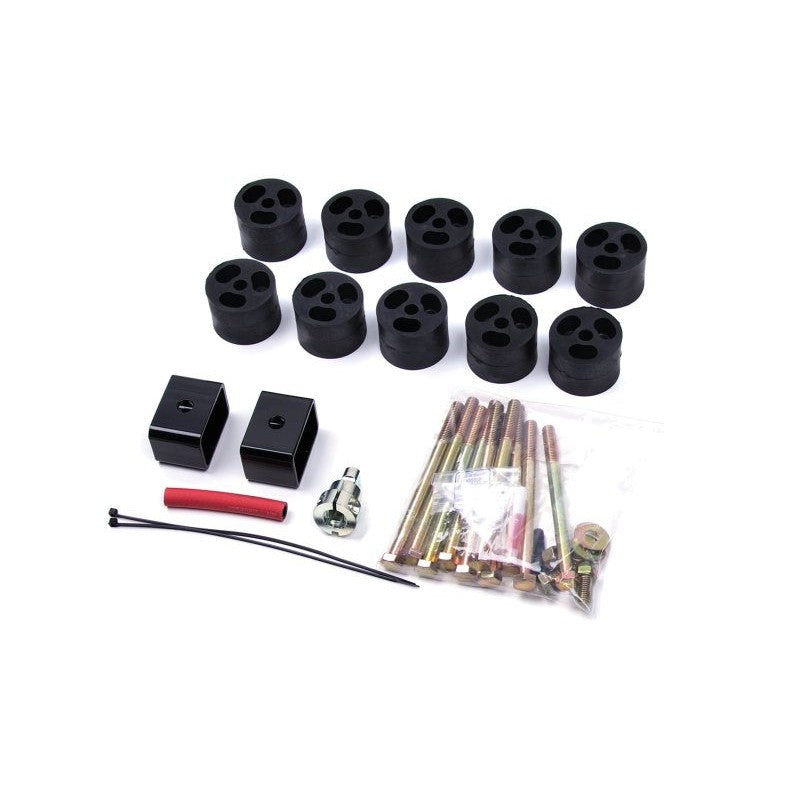Zone Offroad 2-inch body lift kit featuring black crushproof blocks, Grade 5 hardware, and relocation brackets.