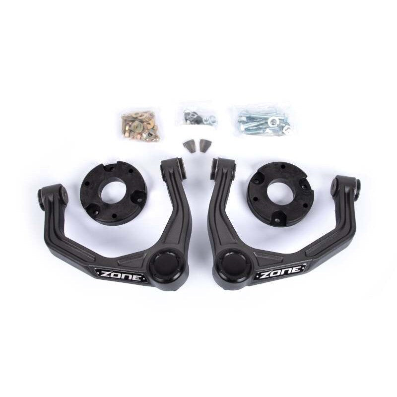Zone Offroad 2-inch leveling kit including heavy duty upper control arms, strut spacers, and Grade 8 hardware.