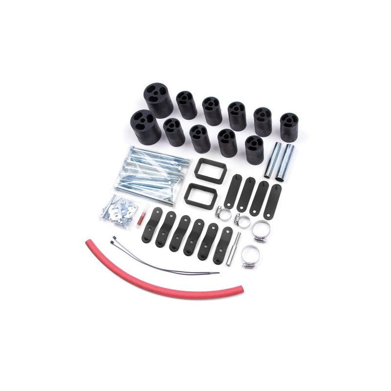 Zone Offroad 3 inch body lift kit featuring black crush-proof blocks and mounting hardware for Jeep Wrangler YJ.