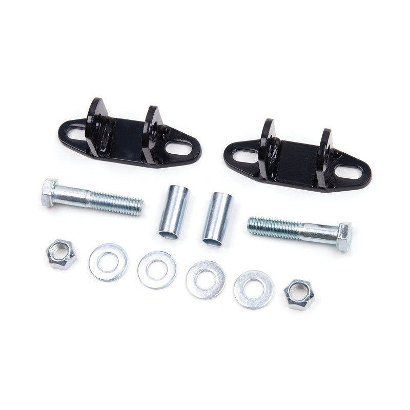 Pair of black steel bar pin eliminator brackets for Jeep shock mounts